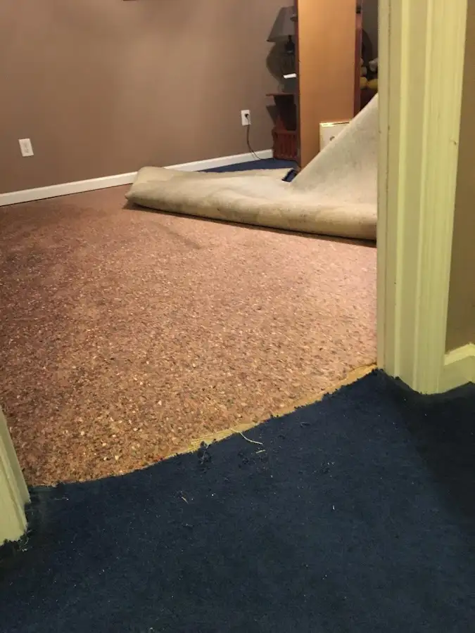Carpet pad removal revealing water damage during Drying & Dehumidification in Burley